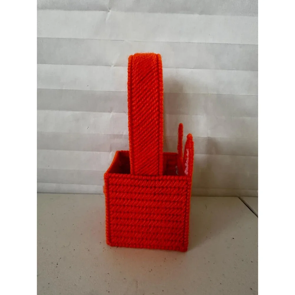 Mini Easter Basket with Orange Bunny – Colorful Plastic Canvas Handmade Gift